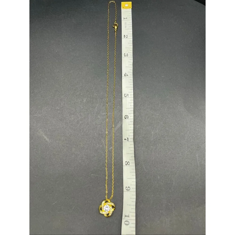 Red Apple Faux Rose Large Gift Box Gold Tone Cubic Zirconia Love Knot Necklace